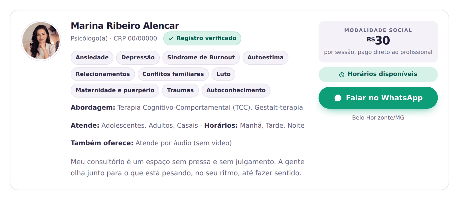 Exemplo de perfil publicado na vitrine da PsiLivre, com foto, registro verificado, temas de atuação, abordagem, horários e botão de WhatsApp